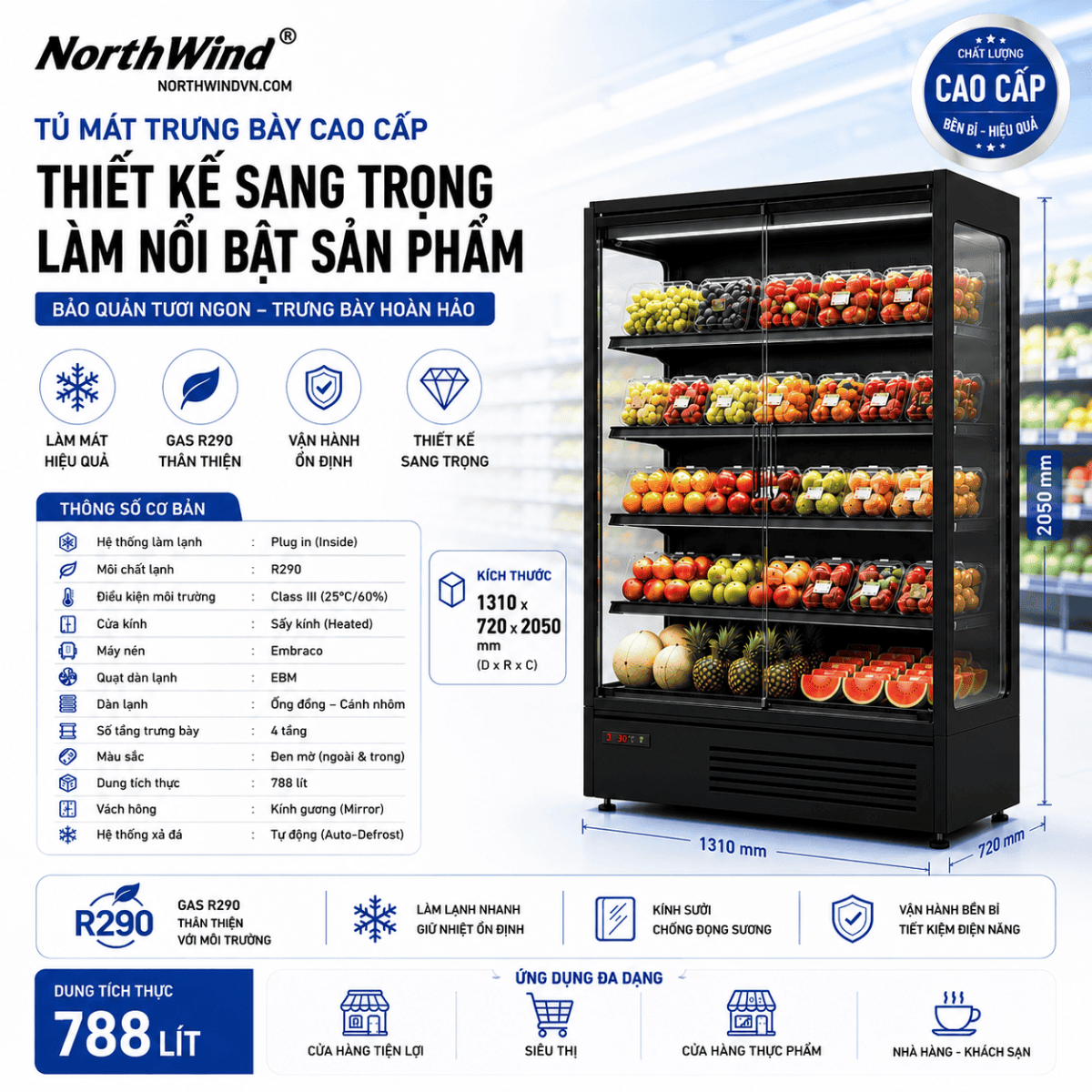 Tủ mát 2 cánh cửa kính không viền Northwind